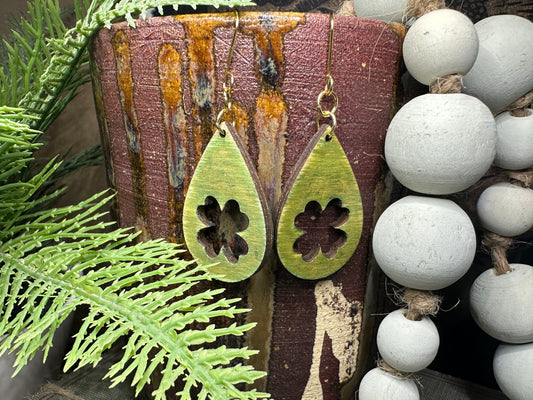 Green Cutout Clover Teardrop earrings with Gold Wire