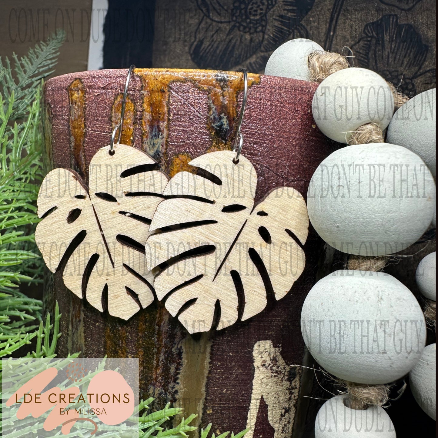 Large Wooden Monstera Leaf earrings